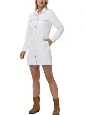 Frye Womens Denim Button Front Long Sleeve Mini Shirt Dress Size L Cream Western